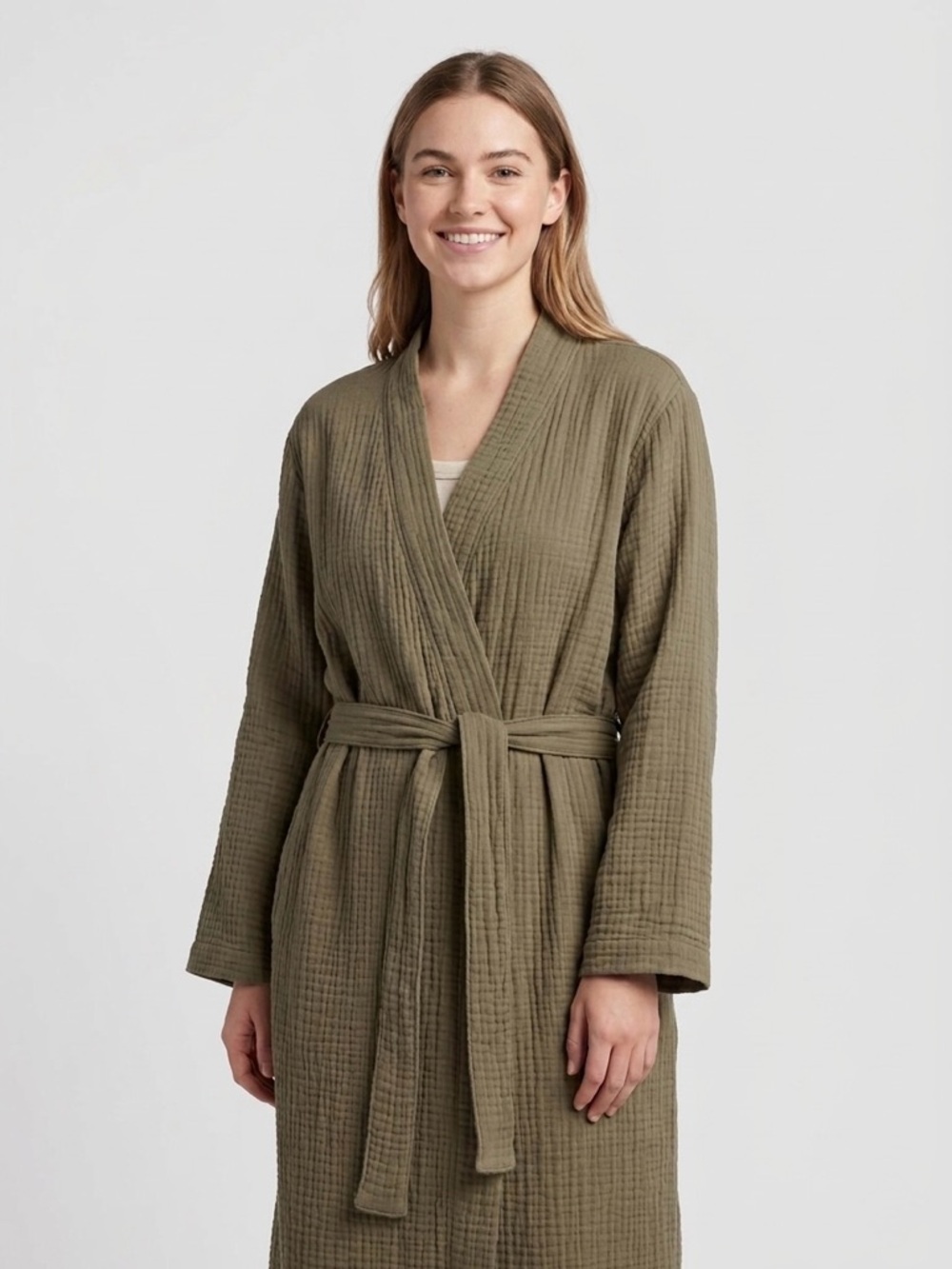Parachute Cloud Cotton Robe L Large Moss Olive Green Belted Spa Loungewear Gauze